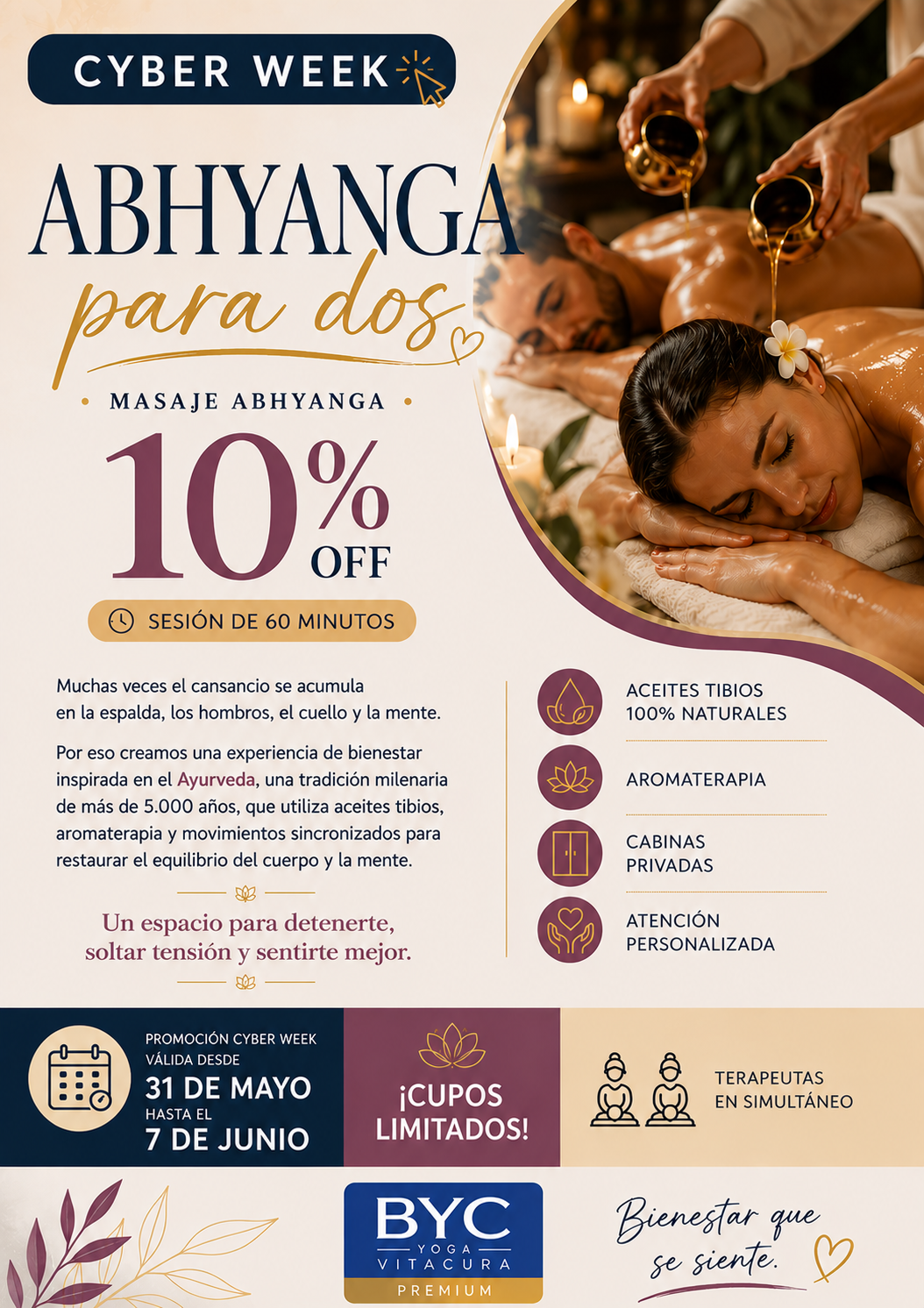 CYBER WEEK 🔥🔥🔥10% OFF  ✨Masaje Corporal Simultáneo - Abhyanga para Dos – | 60 min | Cabinas Privadas