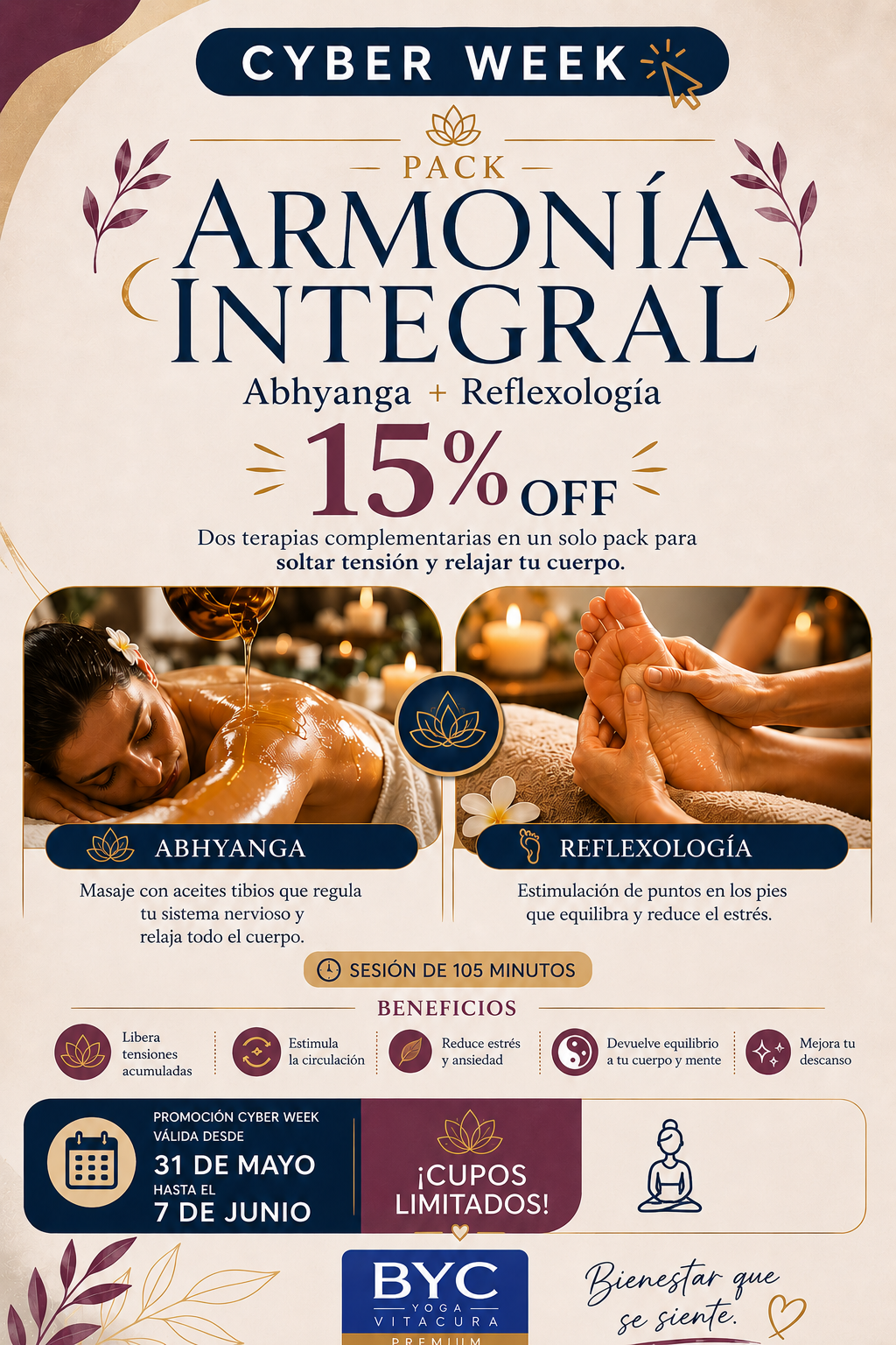 CYBER WEEK 🔥🔥🔥 15% OFF ✨Masaje Corporal Abhyanga + Reflexología Podal - Pack Armonía Integral