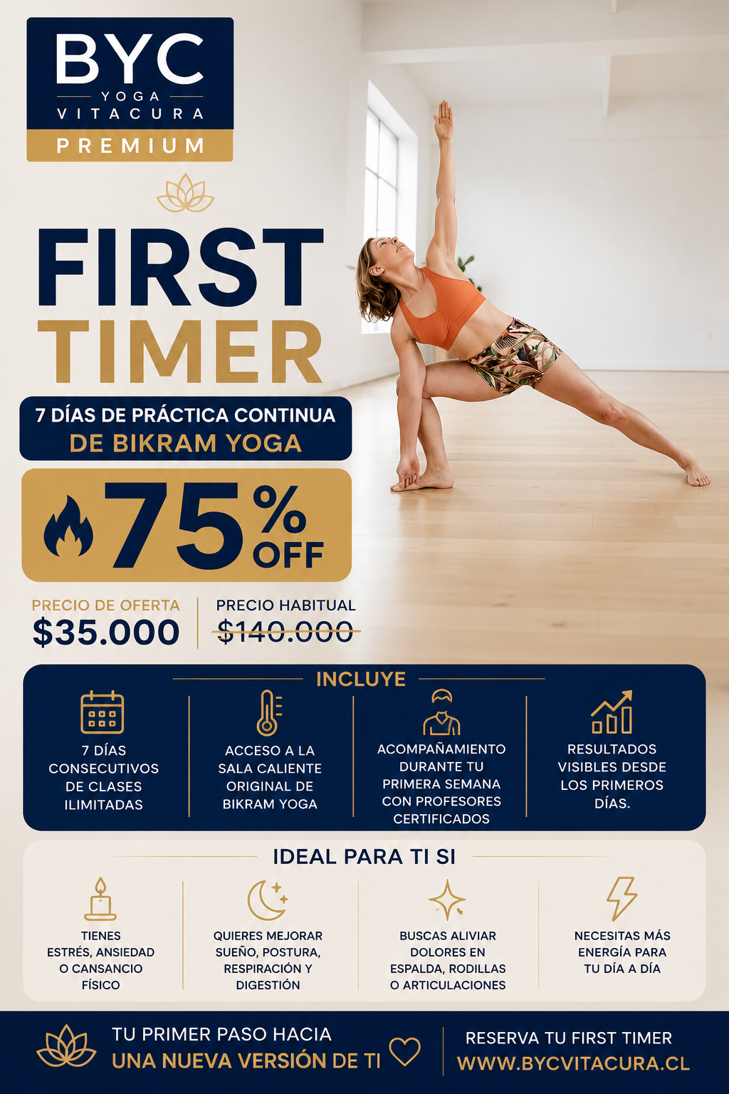 FIRSTIMER  -  7 días de práctica continua de Bikram Yoga - 75% OFF 🔥