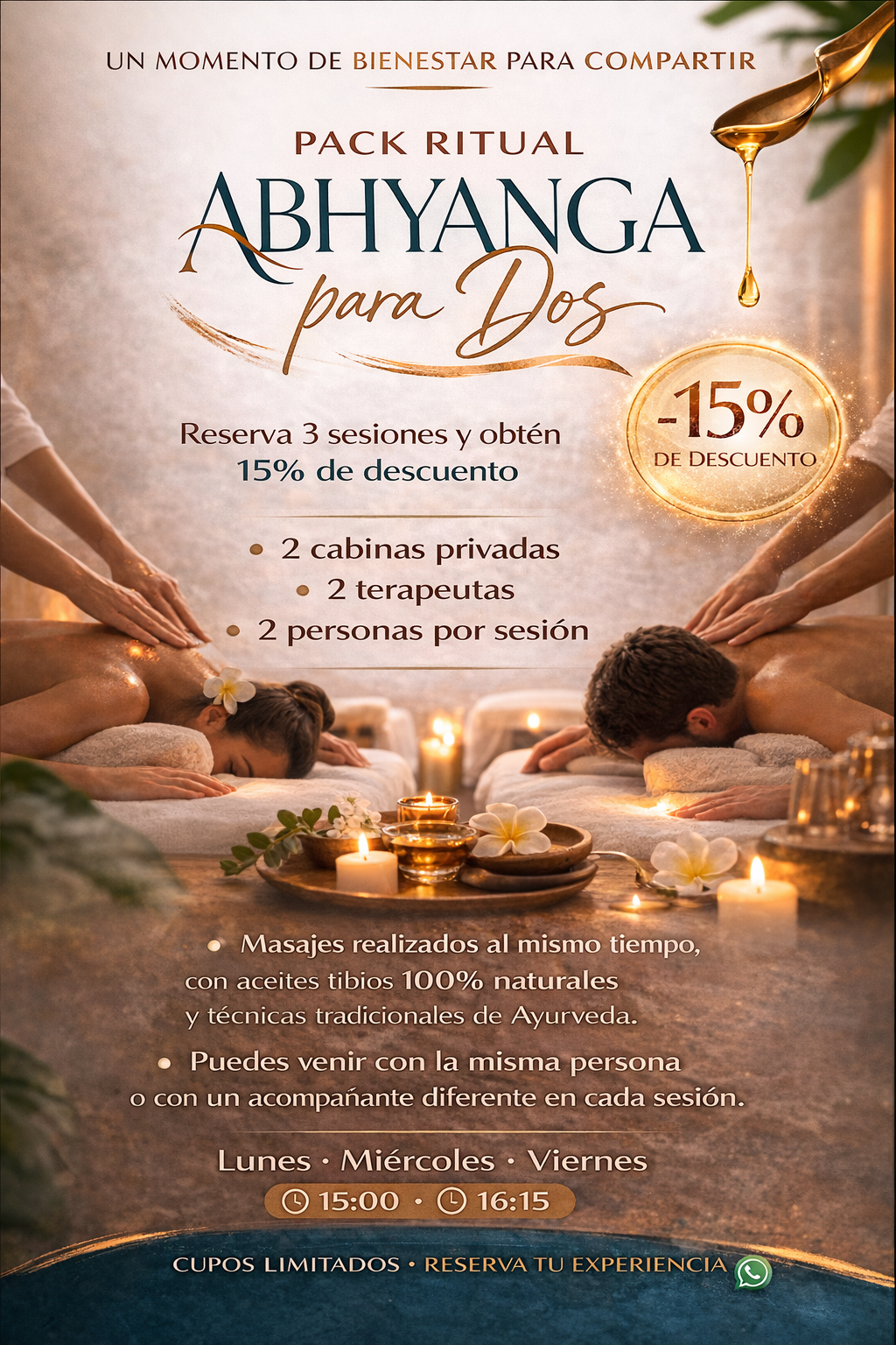 Masaje Corporal Simultáneo - Pack 3 Abhyanga para Dos  15% OFF | 60 min | Cabinas Privadas