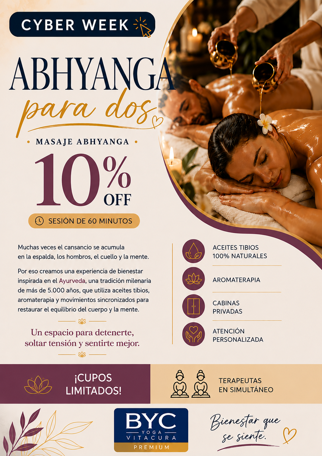 PROMO EXCLUSIVA 🔥🔥🔥10% OFF  ✨Masaje Corporal Simultáneo - Abhyanga para Dos – | 60 min | Cabinas Privadas